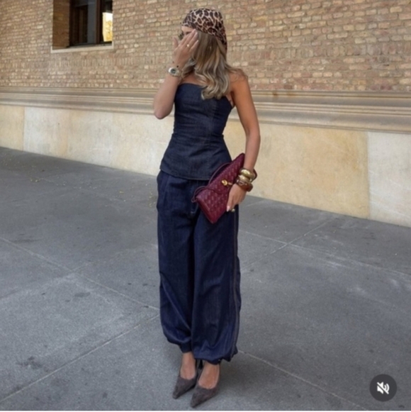 ZARA DENIM BALLOON PANTS BLUE SIZE XS - Picture 2 of 15